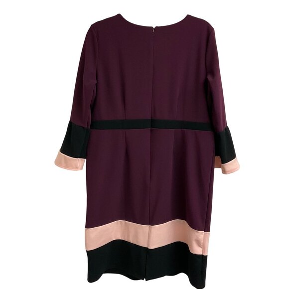 NY Collection Burgundy Colorblock Bell Sleeve Stretch Womens Large Sheath Dress - Picture 2 of 11